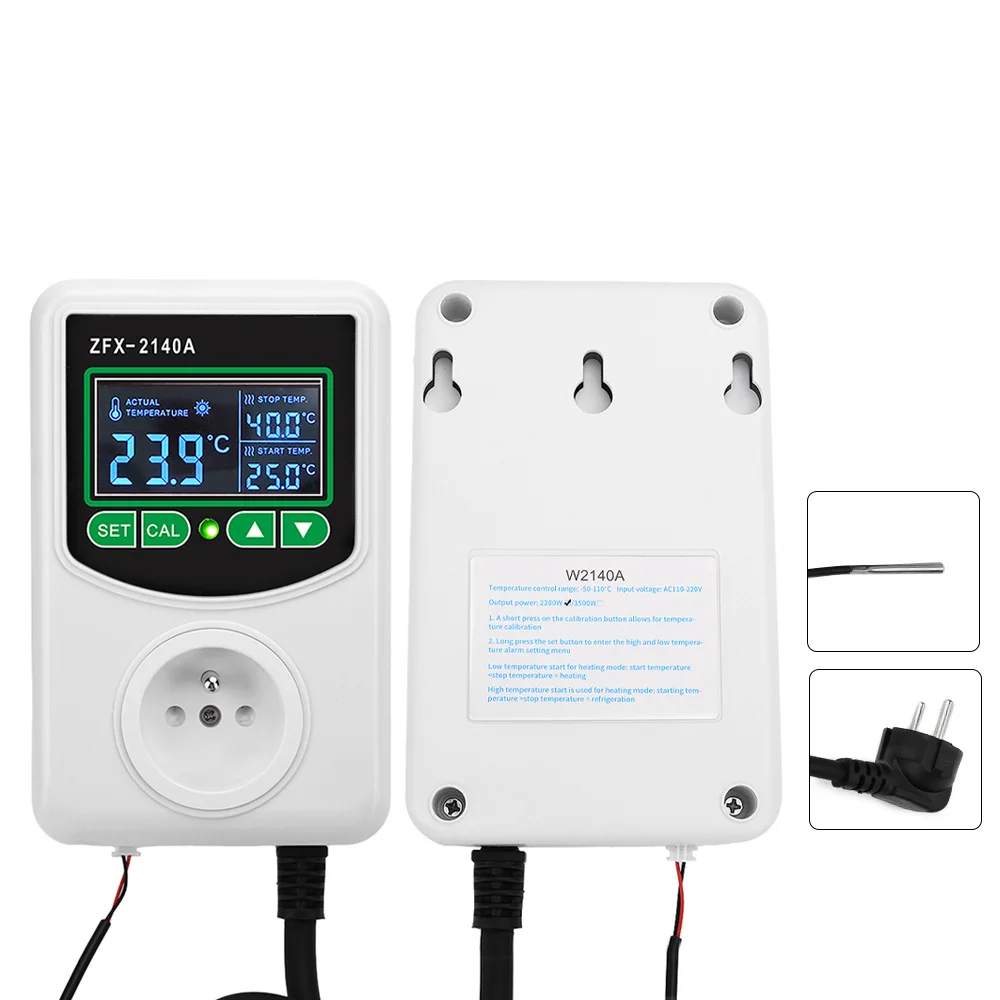 ZFX-2140A High-power LCD Digital Display Temperature Controller Socket EU Plug Thermostat NTC Sensor Probe -45~300 ℃