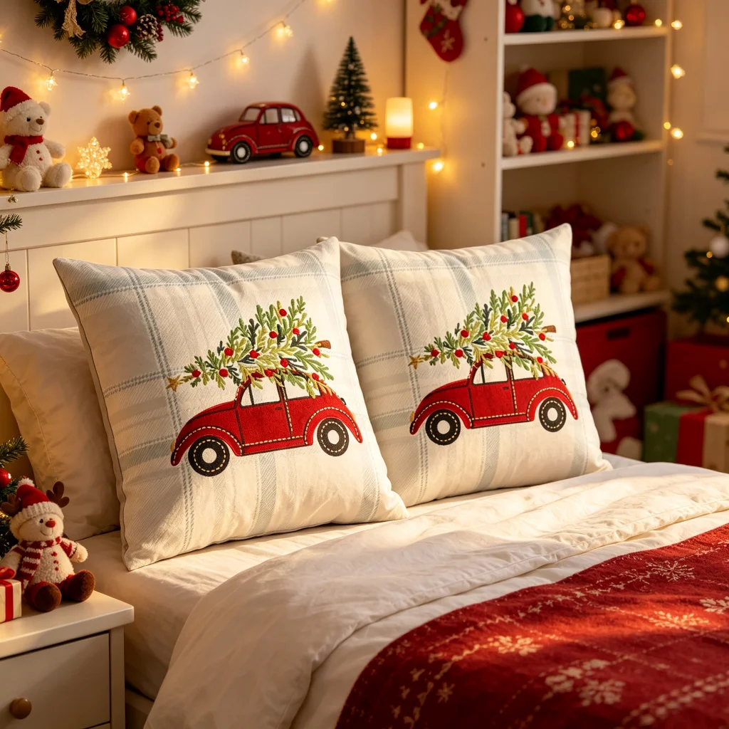 1PC Red Car Xmas Tree Print Pillow Covers, Home Decor, Sofa Couch, Bed, Bedroom Living Room, Polyester, Machine Washable, Xmas D