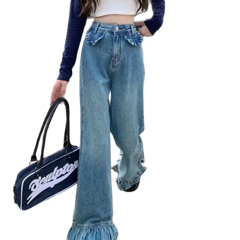 Flare Jeans Ruffles vita alta donna Baggy Washed Vintage Harajuku Streetwear Retro Denim Floor Mopping Pants