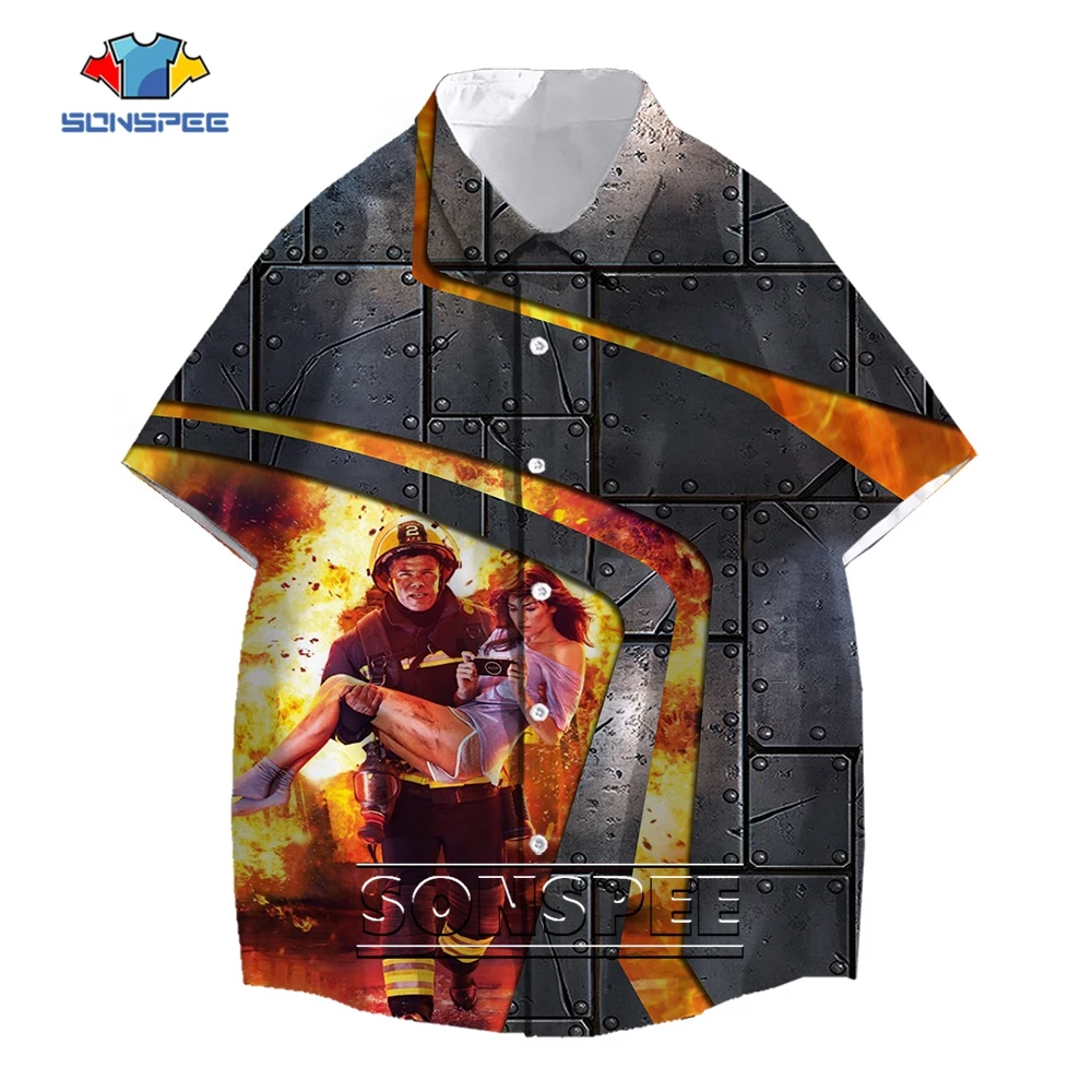 SONSPEE Summer Cool 3D Print Firefighter Fireman Pattern Shirt Short Sleeve Women's Casual Fashion Streetwear Oversized Blouse