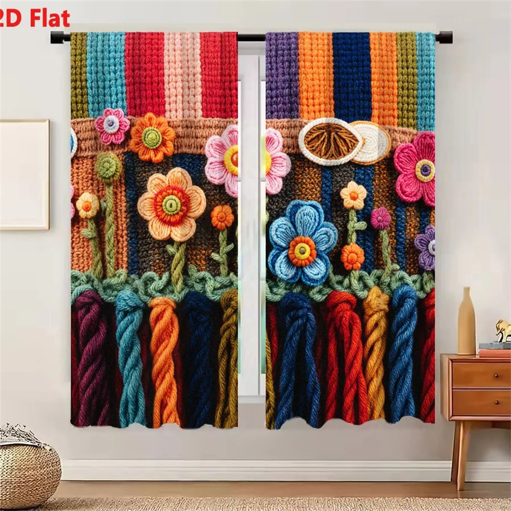 2Pcs Curtains 2D Flat Handcrafted Textile Crocheted Knitted Cushion Wall Hanging Colorful Striped Floral Motif Tassel Trim Bohem
