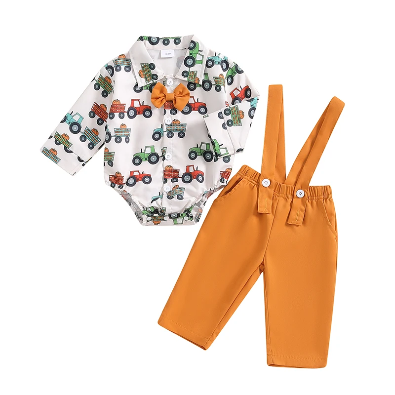 

Baby Boys Halloween Outfits Pumpkin Truck Print Bowtie Long Sleeve Rompers Suspender Pants 2Pcs Fall Clothes Set