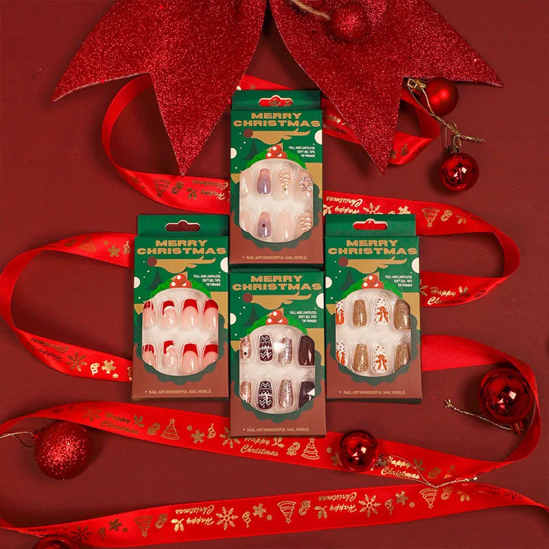24개 축제 휴일 스타일 크리스마스 프렌치 프레스온 네일 - 빨간색 산타 모자 디자인 커버리지 네일 아트 키트가 포함된 중간 사각형 모양