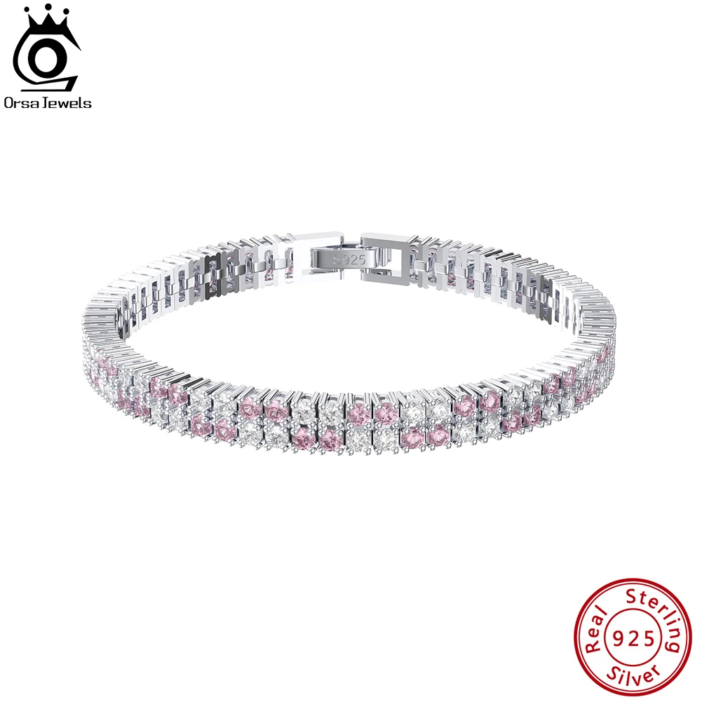 

ORSA JEWELS Tennis Bracelet 925 Sterling Silver 2.0mm Clear&Pink Cubic Zirconia Women's Fashion Chain Bracelet Jewelry SB157