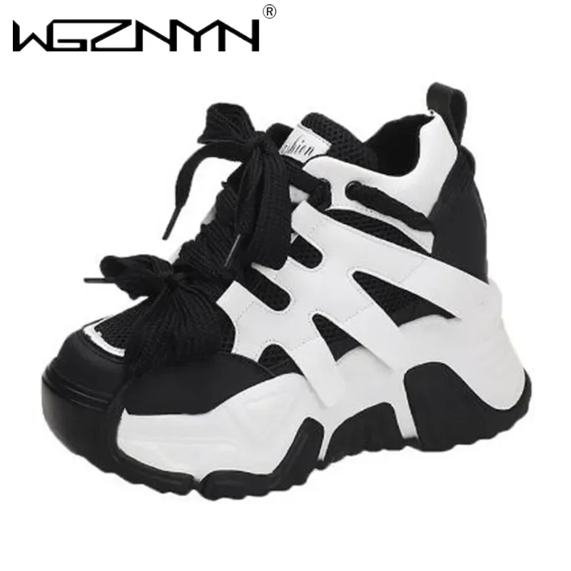 NEW Women Autumn Leather Sneakers 10CM Heels White Mesh Casual Shoes Fashion Woman Trainers Lace-Up Breathable Platform Sneakers