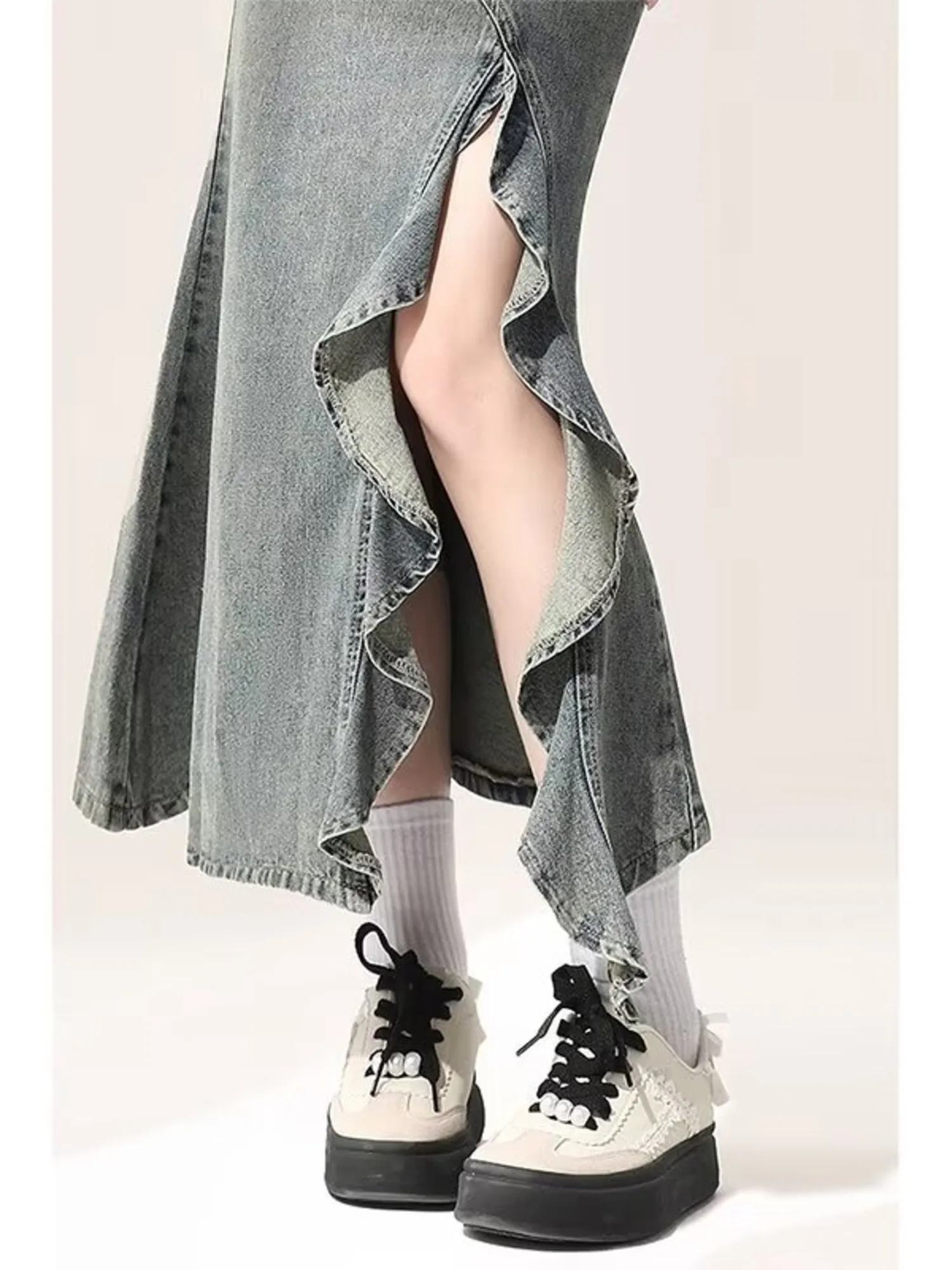 Women's Vintage Washed Denim Mermaid Maxi Skirt High Waist Front Slit Ruffle Hem Midi Jean Skirt XS-3XL view 6