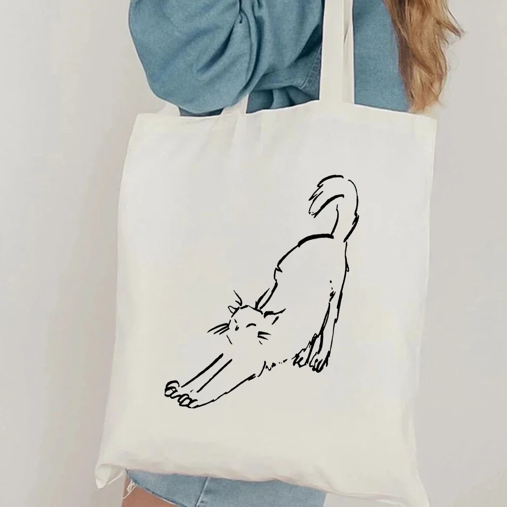 1pc Minimalist Stretching Cat Canvas Tote Bag Casual Shoulder Bag Line Art Cat Graphic Reusable Grocery Handbag for Daily use