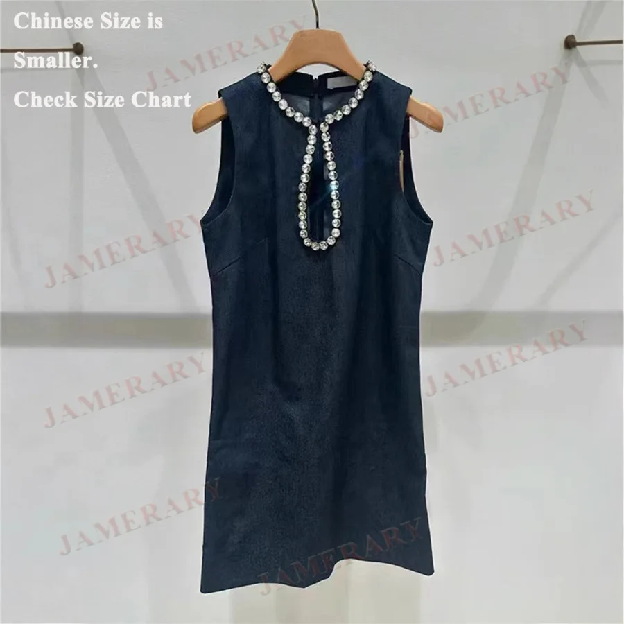 여름 비즈 블루 데님 진 드레스 여성 민소매 베스트 탱크 A라인 속이 비치는 다이아몬드 미니 숏 드레스 휴가용 스위트