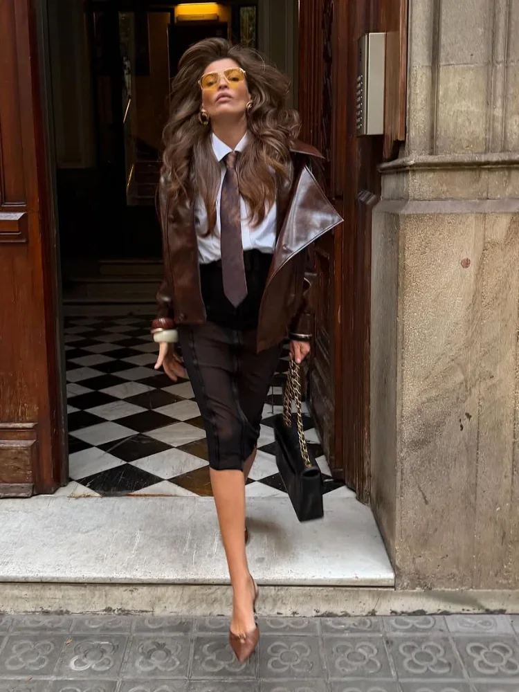 Kurtka skórzana ze stójką, retro, casual, z klapami, z długim rękawem, zapinana na zamek, krótka kurtka typu bucket, nowość 2025, odzież wierzchnia damska w stylu high street.