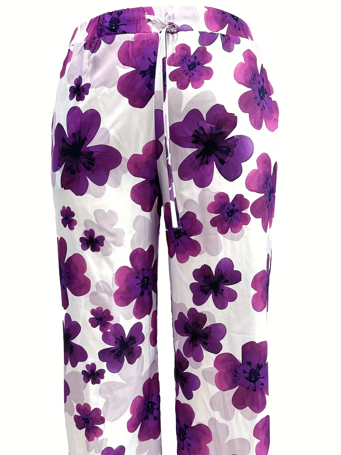 Calças de perna reta estampa floral feminina, elástico na cintura, plus size, casual, primavera, verão