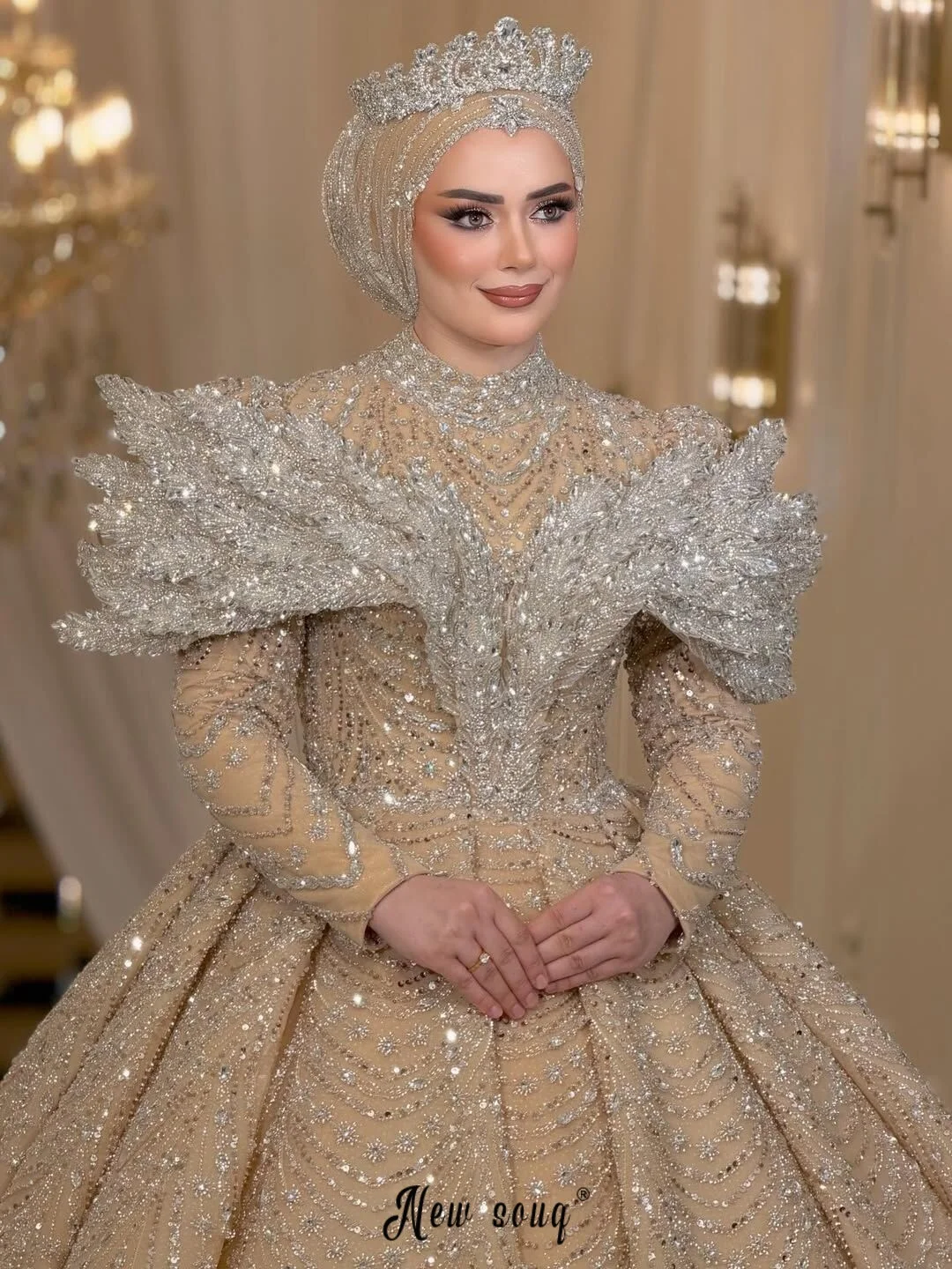 Plus Size Gold Luxury Wedding Dress Muslim Heavy Handmade Shiny Bridal Gowns Customized Beaded amanda novias vestido novia 2026 - view 4