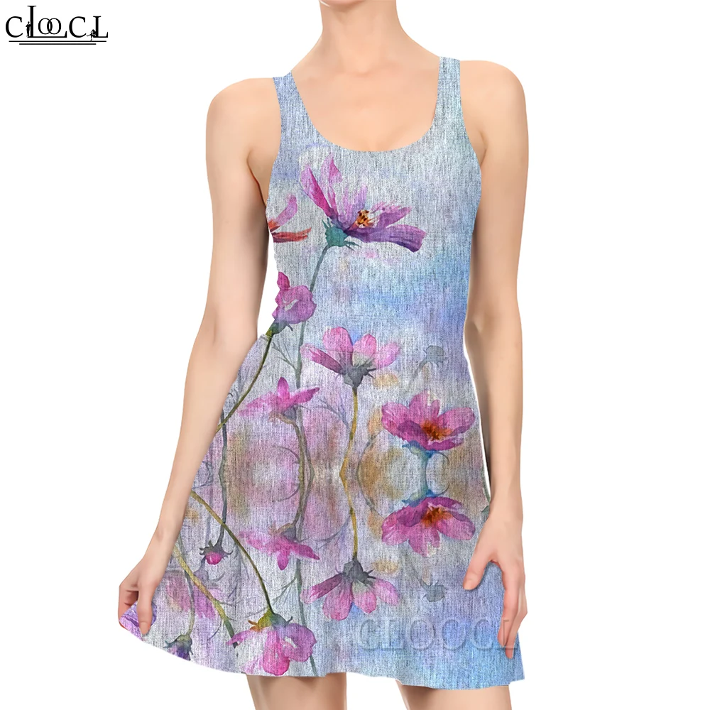 CLOOCL Women Dress Pink Flowers 3D Printed Mini Dress for Fashion Female Sleeveless Dresses Beach Dress Elegant Style