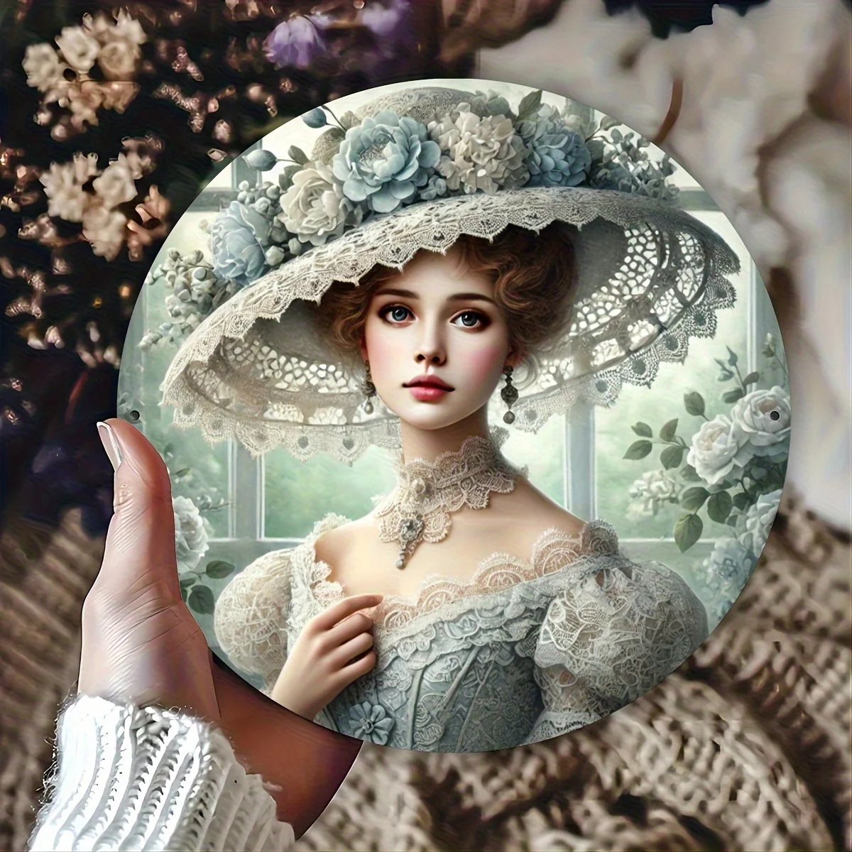 2D Flat, 1pc Victorian-Inspired Round Aluminum Wall Art Sign - 7.87x7.87 Inch Regency-Era Woman Design with Floral