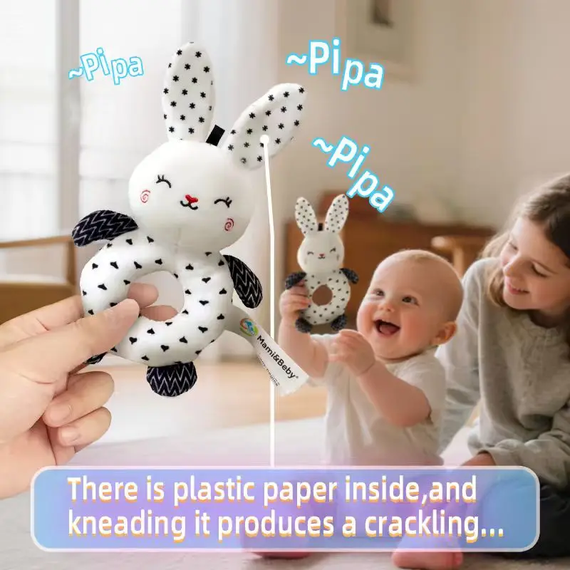 Baby Teething Rattle Toy with Squeaky Sound, Black and White Handheld Sensory Shaker for Newborn 0-12 Months, Cute Grip Ring for