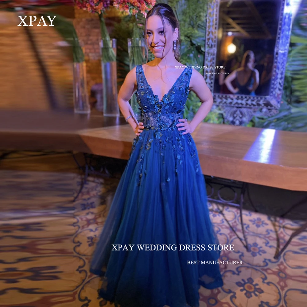 XPAY-Vestidos largos de tul azul para mujer, vestido de noche con cuello en V, flores 3D, largo hasta el suelo, fiesta Formal, ocasión para madre