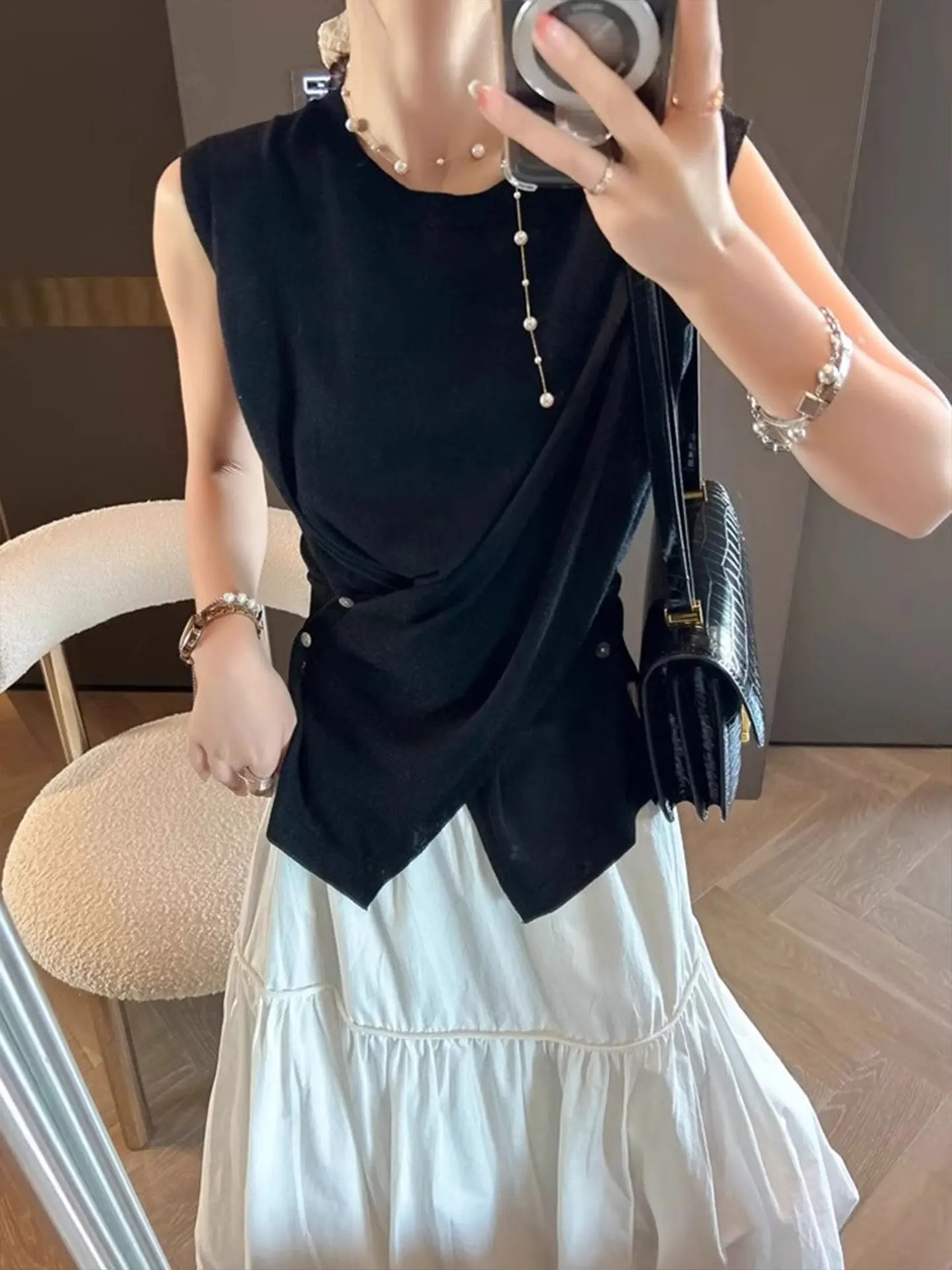 Korean Design Cross Waist Slimming Svel Base irt Lightweight Breathable Women's Loose Fit Summer Top Poetic Lin