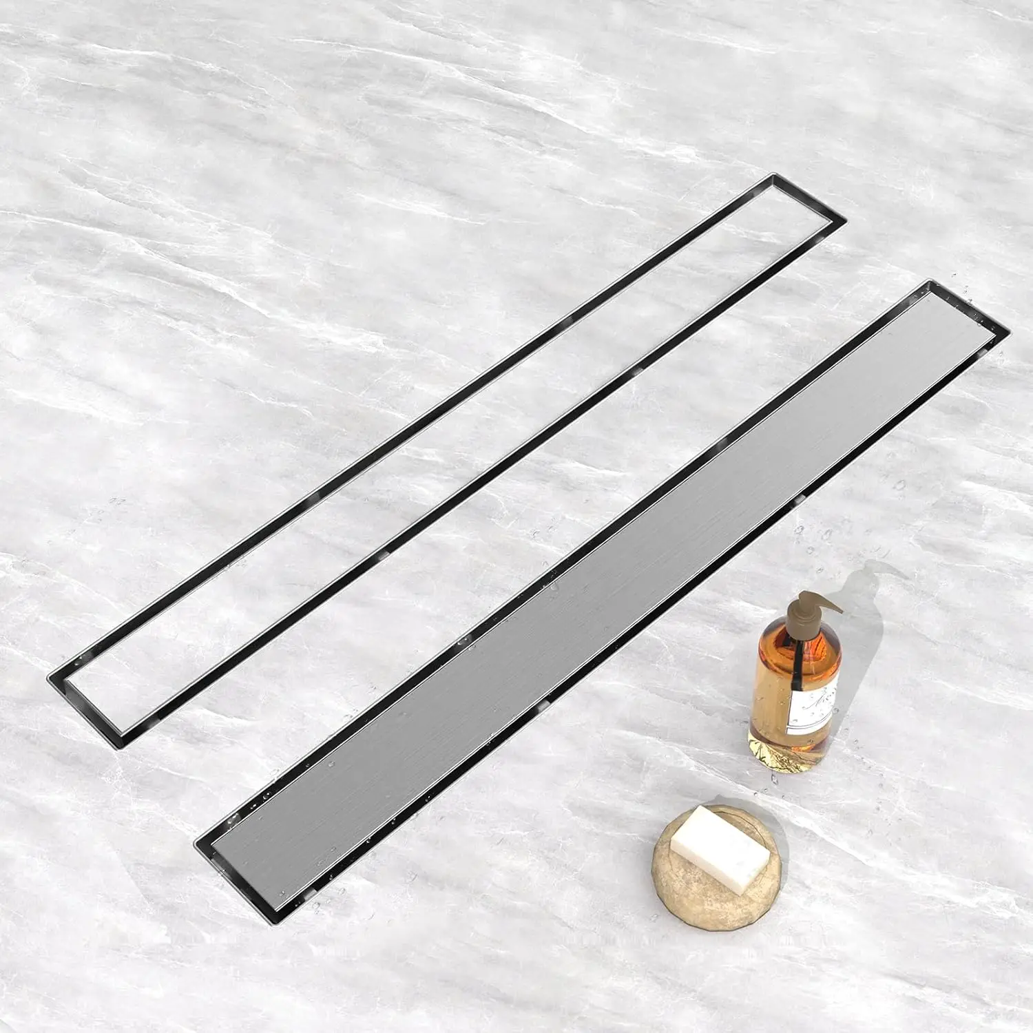 

Modern Hotel Nickel Stainless Steel Linear Shower Drain-24" 2-in-1 Tile Insert Grate Hair Strainer & Adjustable Feet