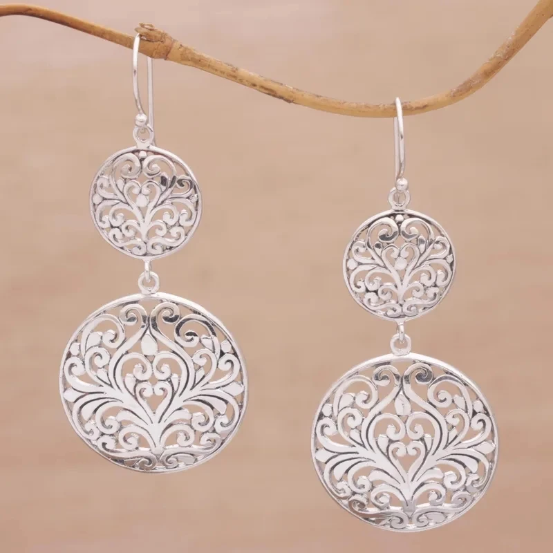 Vintage Silberbeschichtete Damen-Ohrhänger mit Doppelrundem Lebensbaum-Design im Boho-Stil - Trendiger Modeschmuck