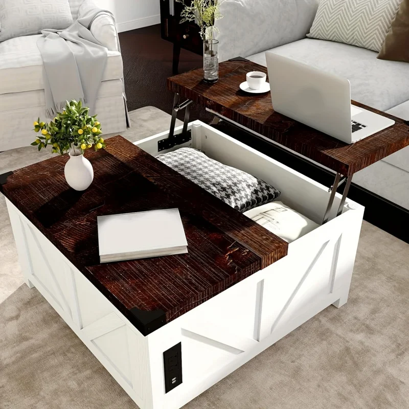 

Farmhouse-style lift-top coffee table with SUB ports, featuring a large hidden space in the center, suitable for living room