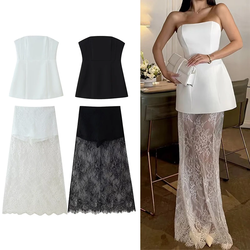 

2025 Elegant Tube Top Lace Long Skirts Two Piece Sets Women Short Tops See Through Skirt Summer Chic Party Woman Outfits