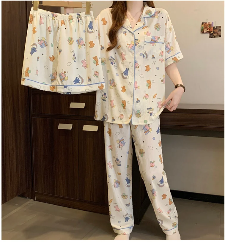 ملابس منزلية نسائية ثلاث قطع طية صدر السترة كارتونية طقم شورت طويل مكون من بيجامات بناتي عصرية فضفاضة ومريحة قابلة للتنفس #6