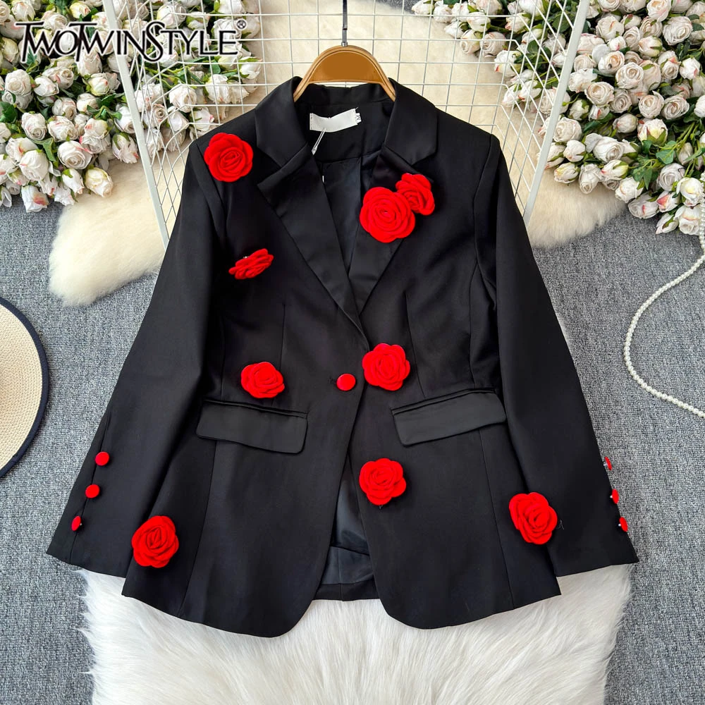 

TWOTWINSTYLE Colorblock Spliced Appliques Blazers For Women Notched Collar Long Sleeve Patchwork Button Coat Female KJA518100