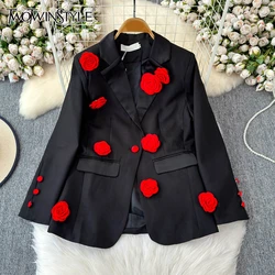 TWOTWINSTYLE Colorblock Spliced Appliques Blazers For Women Notched Collar Long Sleeve Patchwork Button Coat Female KJA518100
