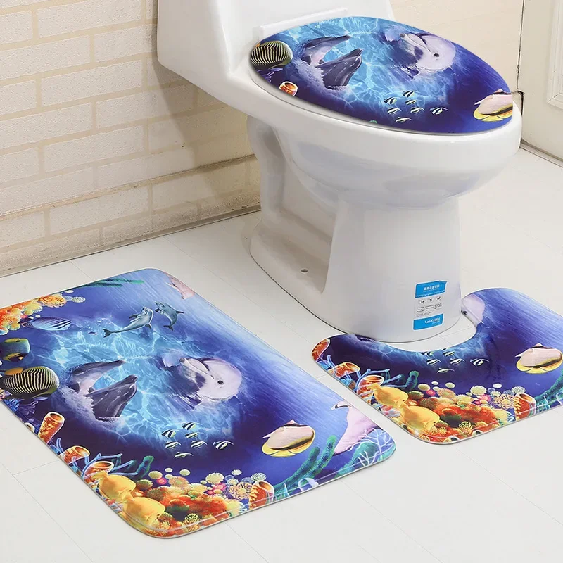 3D Ocean Seabed Animals Toilet Cover Bath Mat Sets Fish Dolphin Printed Bathroom Curtain Set Waterproof Fabric Shower Curtains