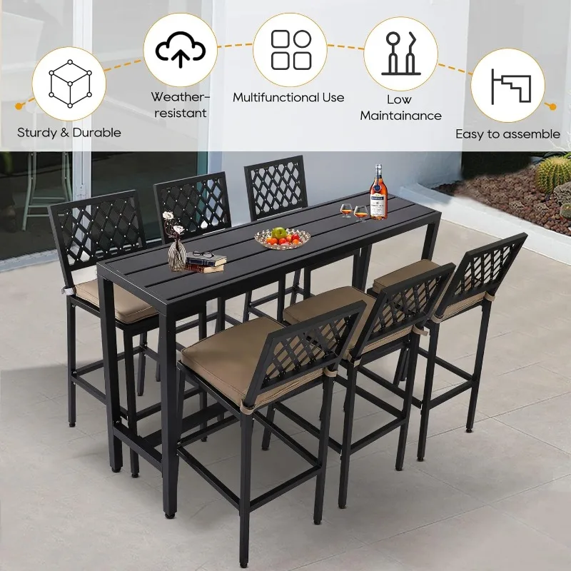 Outdoor Patio Bar Set, Bar Height Patio Dining Set, Weather-Resistant Bistro Counter Pub Set with Cushions & Slatted Tabletop