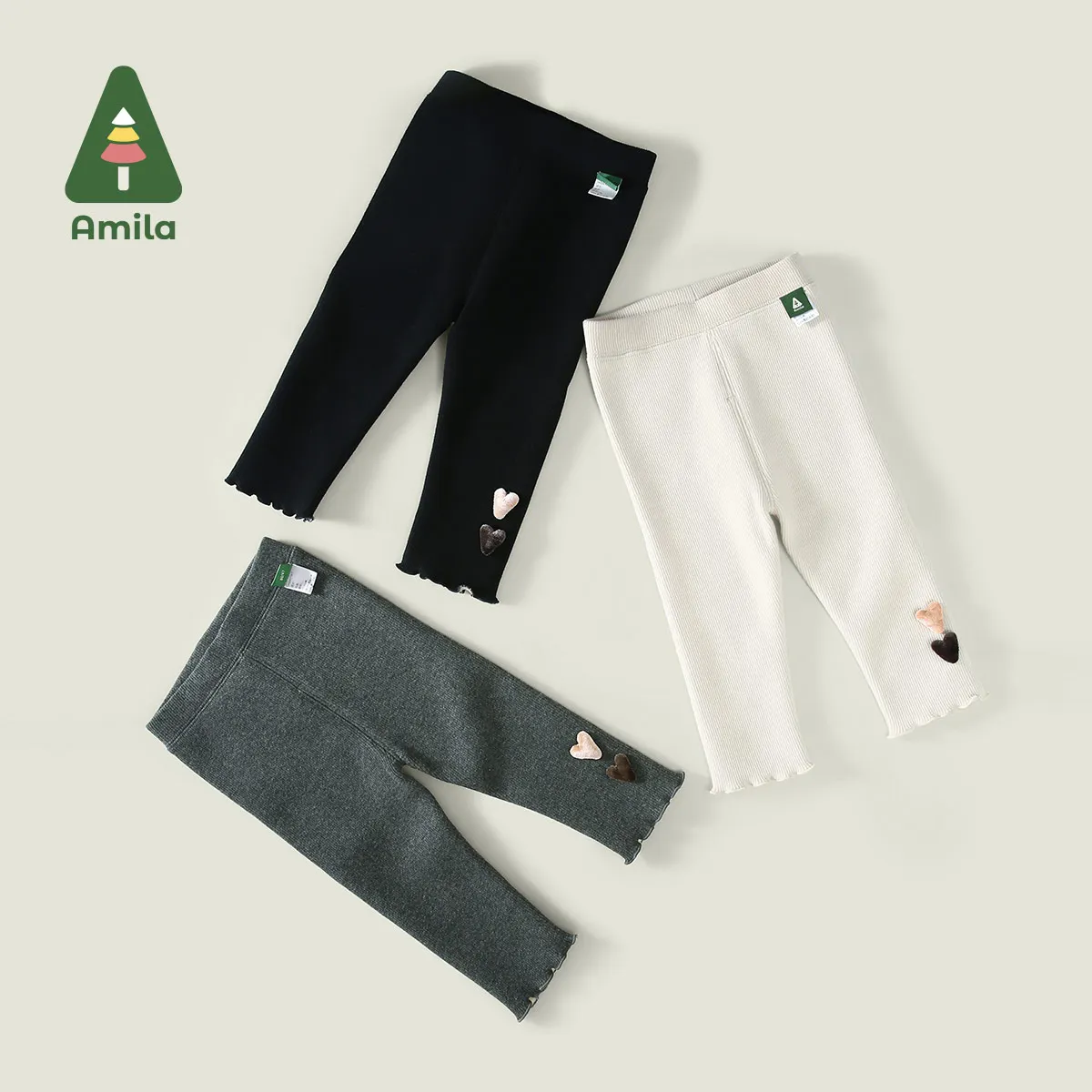 Amila Baby Leggings 2024 Winter New High-Quality Solid Color Cotton Basic Versatile Cartoon Soft Casual Children’s Trousers