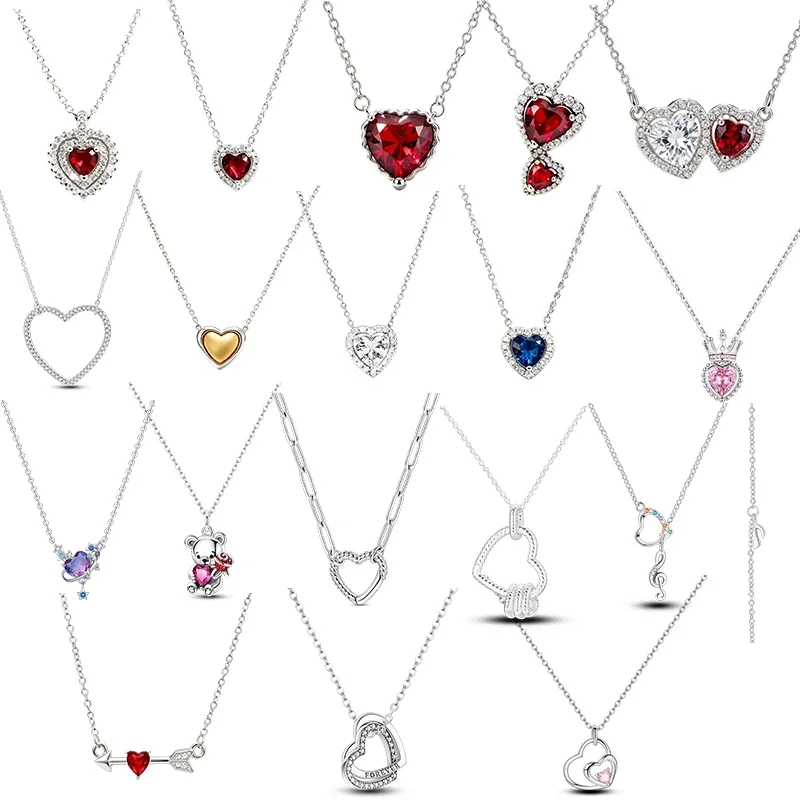Original 925 Sterling Silver Women Jewelry Exquisite Romantic Necklace Colored Zirconia Heart Pendant Necklace Friend Party Gift