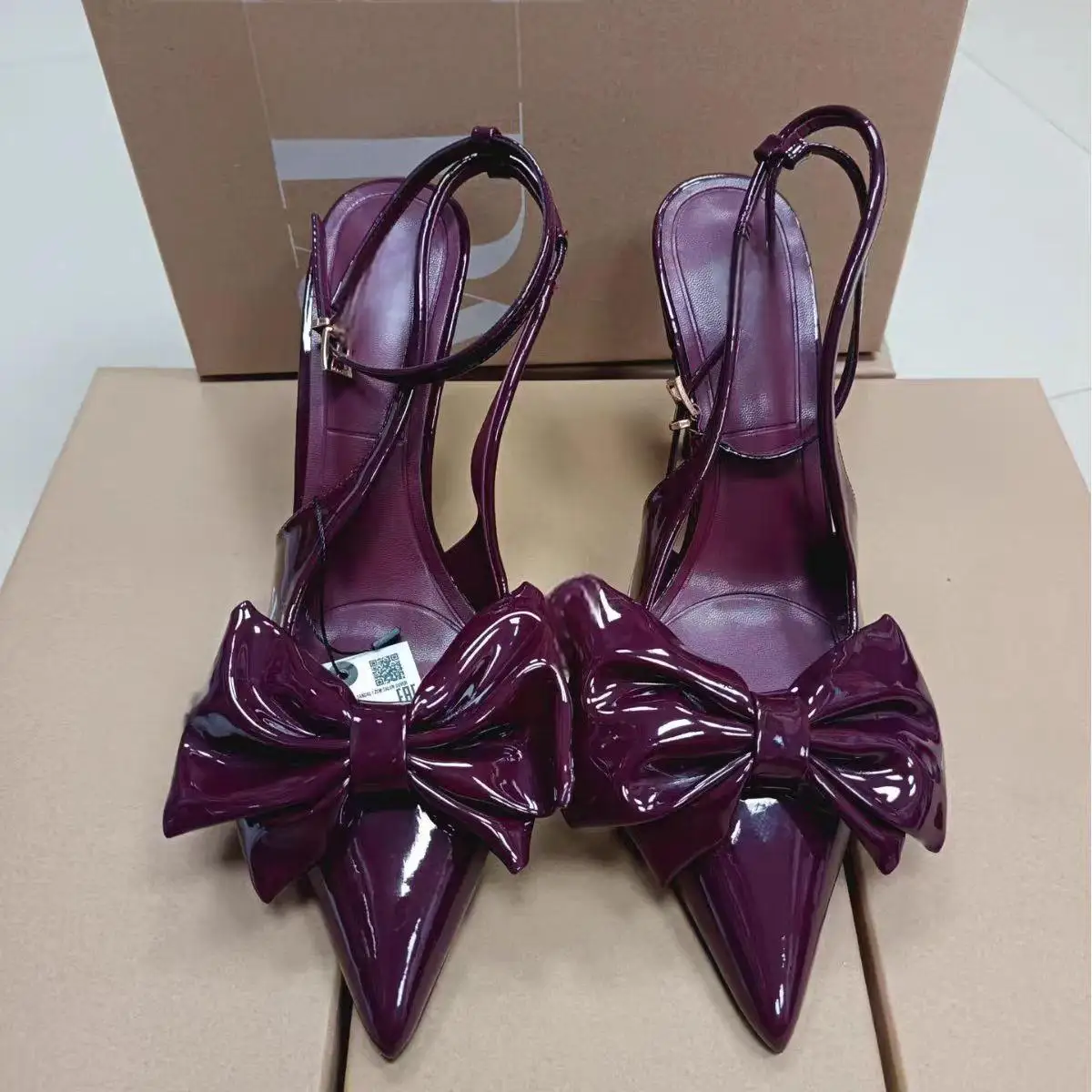 TRAF Woman Res Bow Pointed Toe Slingback High Heels Chic Lacquer Leather Stiletto Heels Pumps 2024 Autumn Ladies Party Mule Shoe