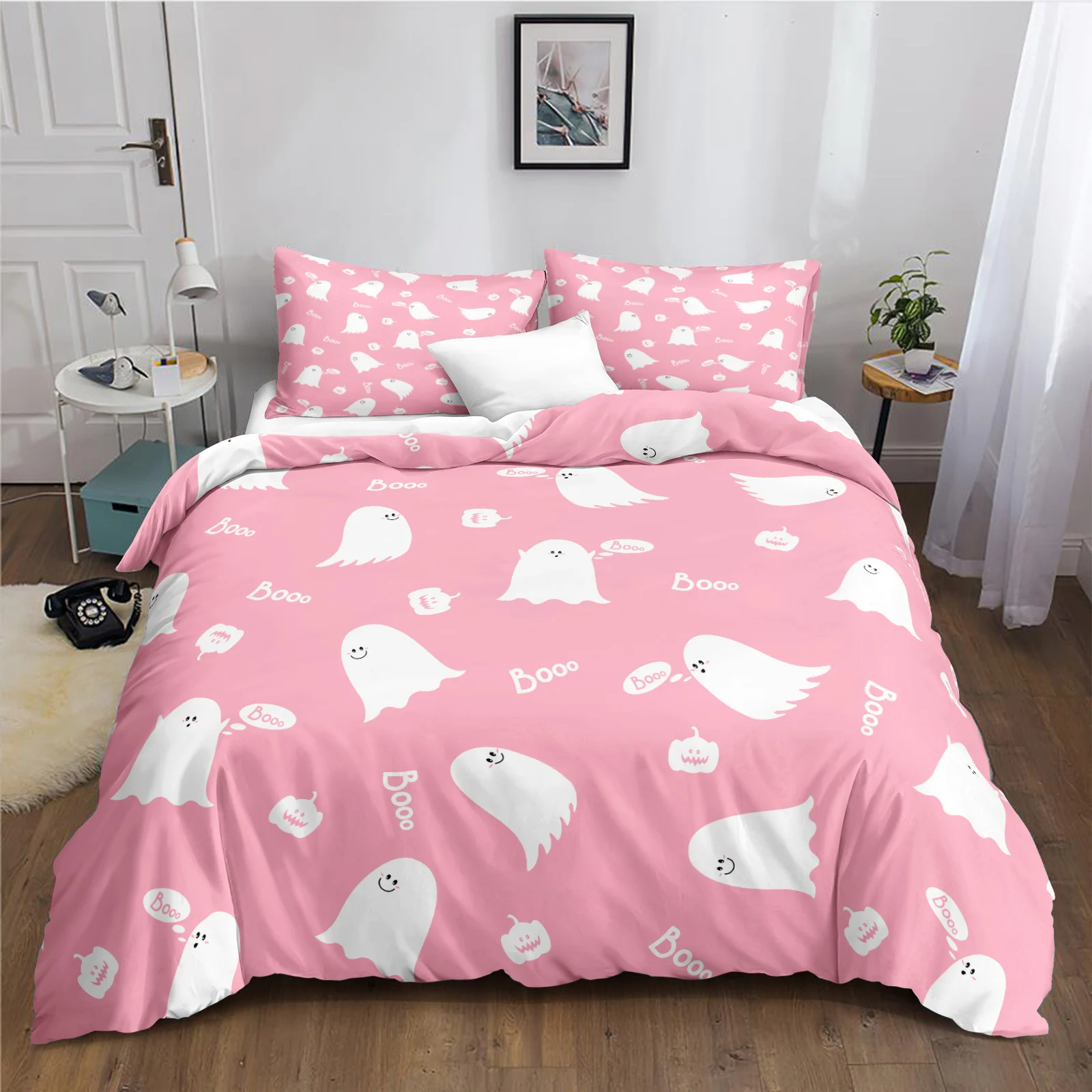 White Ghost Bedding Set Cartoon Halloween Cute Bedroom Decor Girls Pink Duvet Cover Set Soft Microfibre Bed Linen