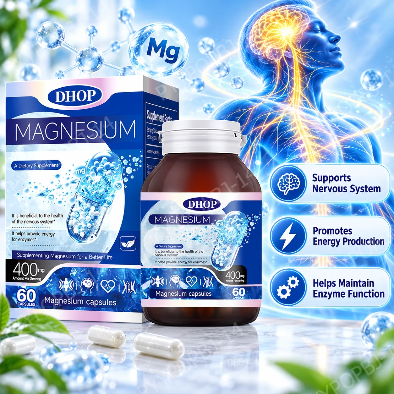 Magnesium Capsules,Support Nervous System & Energy Production,Maintain Enzyme Function,L-Threonate Citrate Glycinate 60 Capsules