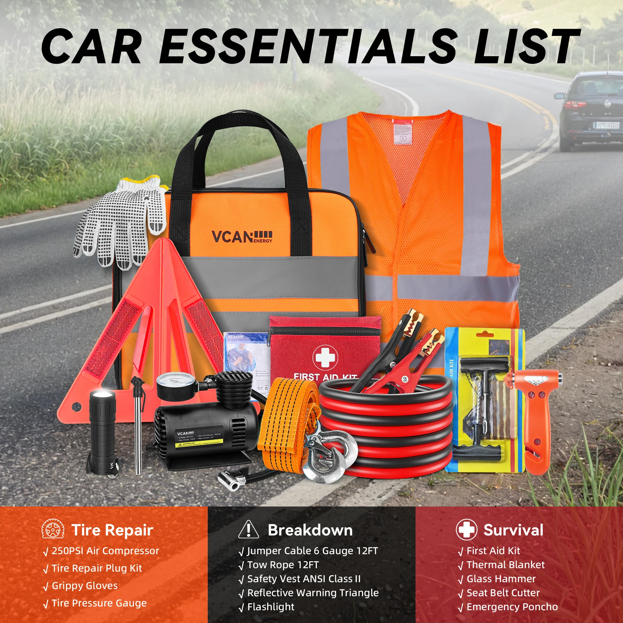 حقيبة أدوات السلامة في حالات الطوارئ مع ضاغط هواء محمول، كابلات توصيل معزز، مجموعة أدوات الإسعافات الأولية، مقياس ضغط الإطارات، سلامة السيارة #2