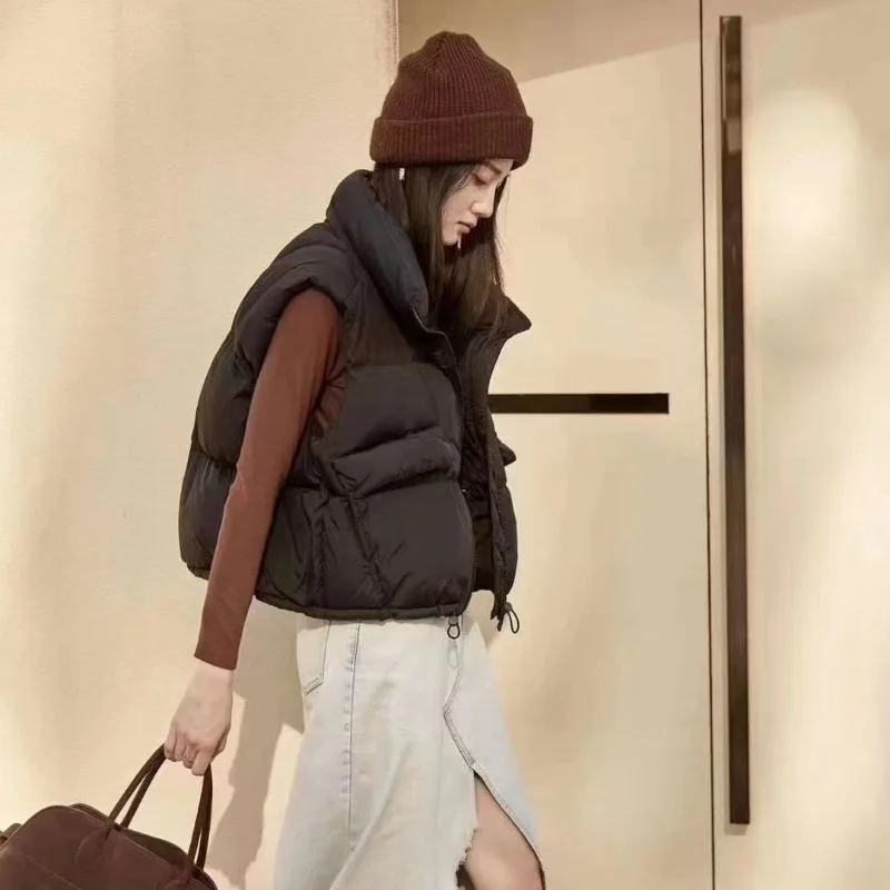 

2026 New Arrival Women's Korean Style Solid Color Down Cotton Vest Loose Fit Stand Up Collar Outerwear Jacket