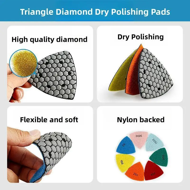 7Pcs/Set 90mm Triangle Diamond Dry Polishing Pads for Granite Marble Concrete Stone Sanding Pads Polishing Discs