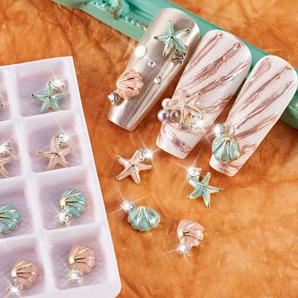 20 Stück 3D-Nagelkunst-Charms mit Seestern/Muscheln und Strasssteinen, Emaille-Nagelzubehör mit Ozean-Motiv für DIY-Maniküre-Dekorationen *