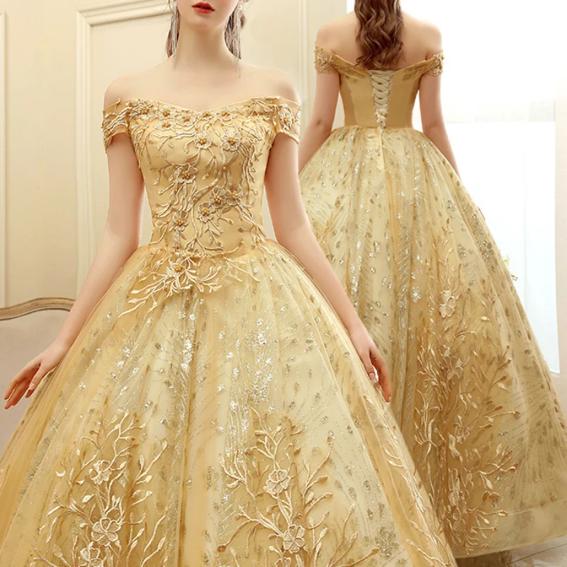 Customized Elegant Yellow Prom Dress Off The Shoulder Party Dress Luxury Lace Ball Gown Shinny Sequin Quinceanera Dresses 2024 N