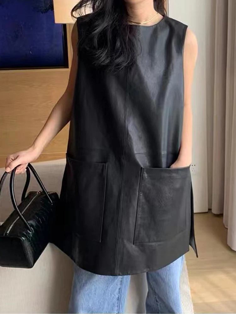 Black Pullover Genuine Leather Vest for Women New Advanced Design Round Neck Slit Big Pockets Tank Top Oversized Waistcoat