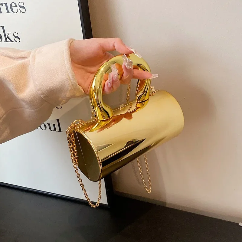 Fashion Cylinder Bag Women 2024 Party Clutches Fashion Cylinder Mini Evening Purse Crossbody Shoulder Bag Gold Box Clutch