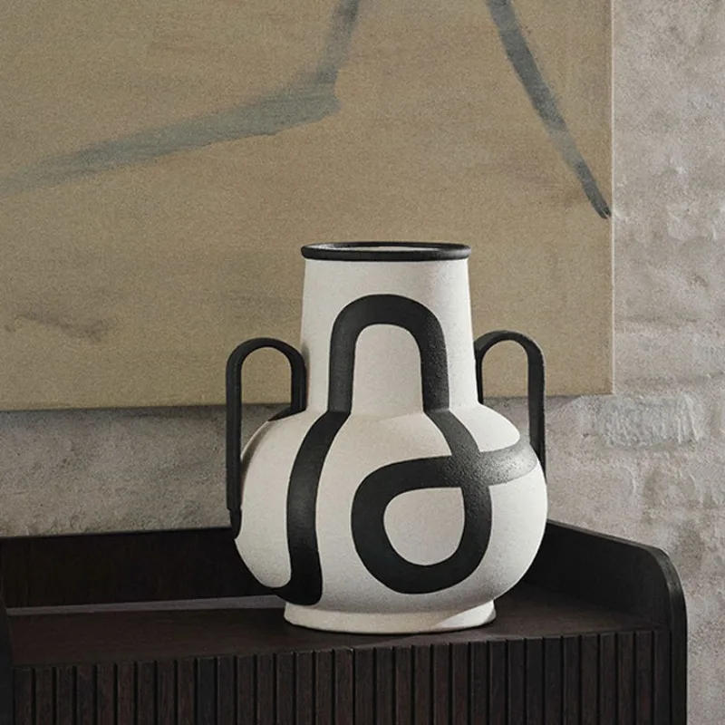 Ceramic Vintage Black White Vases Creative Handmade Lines Binaural Sanded Vases Simple Artistic Geometry Desktop Home Decor