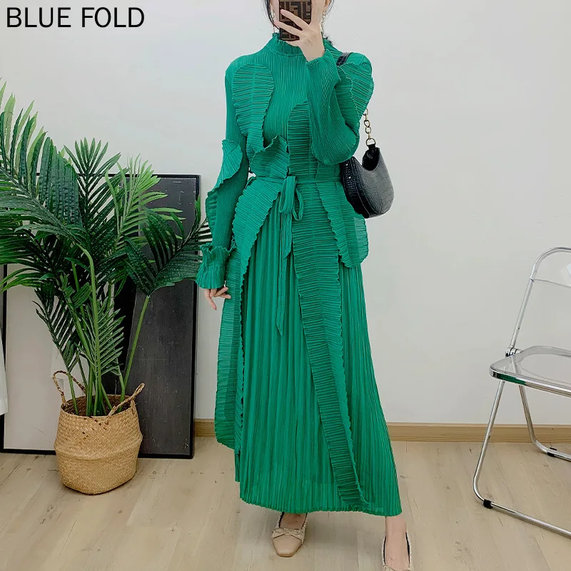 

Lace Collar Pleated Dress Women's Summer Plus Size Fungus Lace Long Sleeve Lace-up Dress for Women MIYAKE PLEATS Vestido Robe