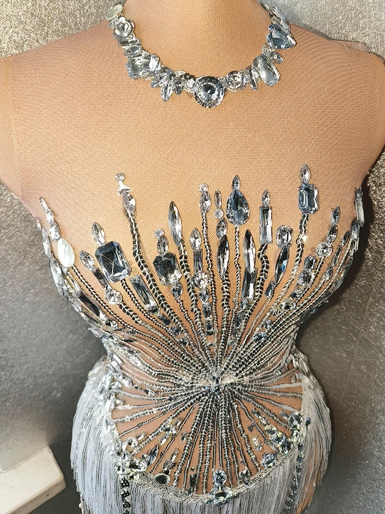 Body Sexy con diamantes de imitación brillantes para mujer, leotardo con flecos de lentejuelas, malla transparente, traje de baile de actuación