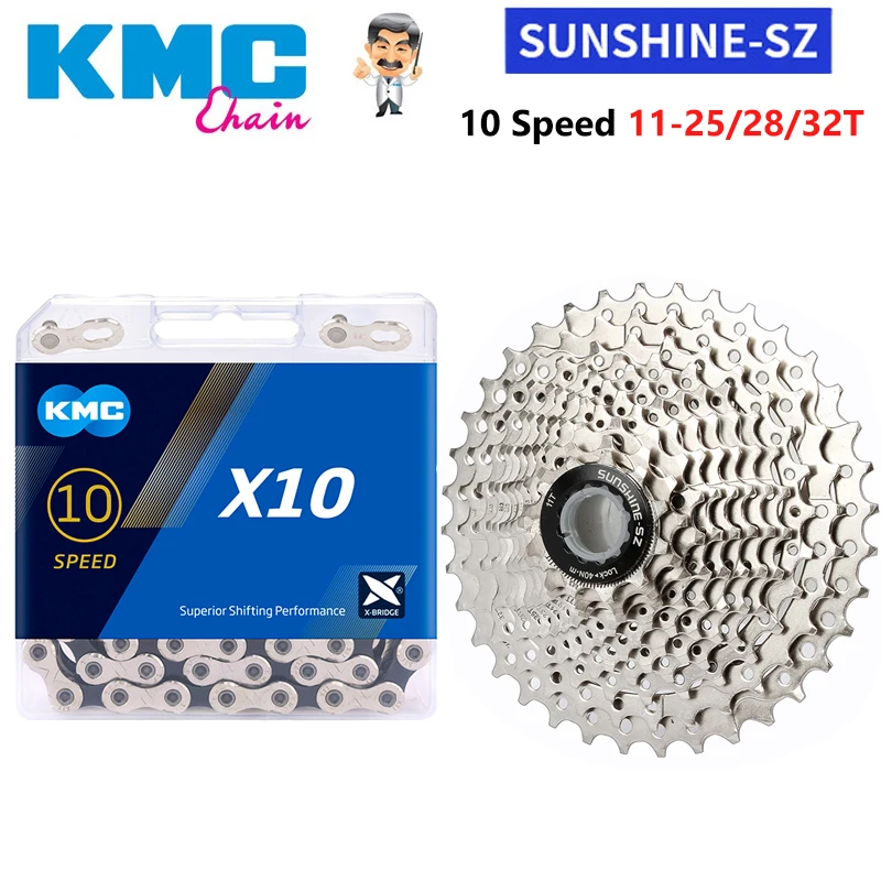 SUNSHINE 10 Speed Road Bike Cassette Sprocket 11-25T/28T/32T X10 10V Original Bicycle Chains Flywheel Kit Parts