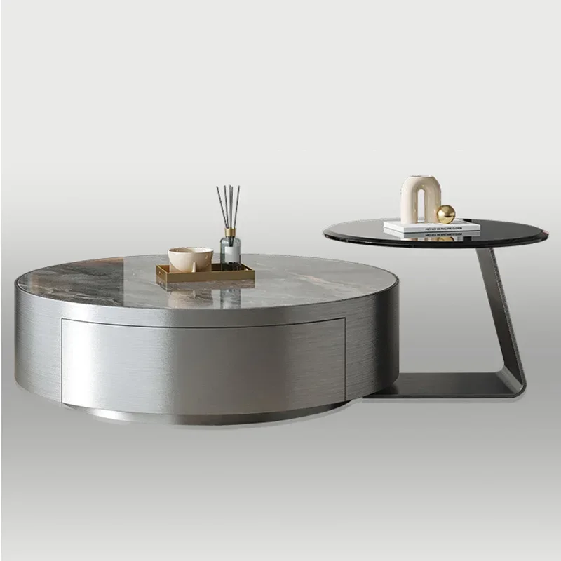 

cqyStone Plate Coffee Table Combination Small Apartment Modern Light Luxury Stainless Steel Size round Tea Table Household