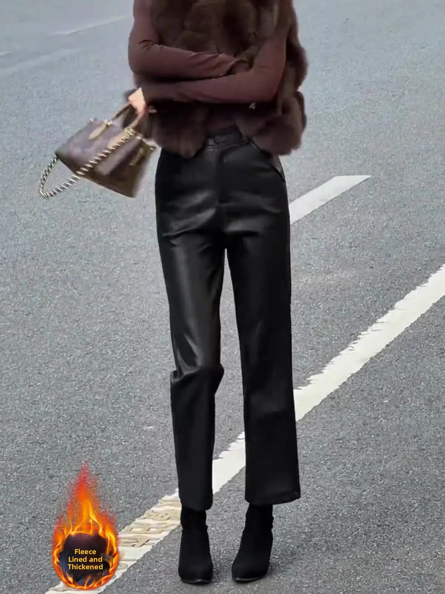 

Fall Winter New Sle ular High-End Leather Pants Nine-Piece Women's Casual High Waist Straight Leg Soft Comfortable