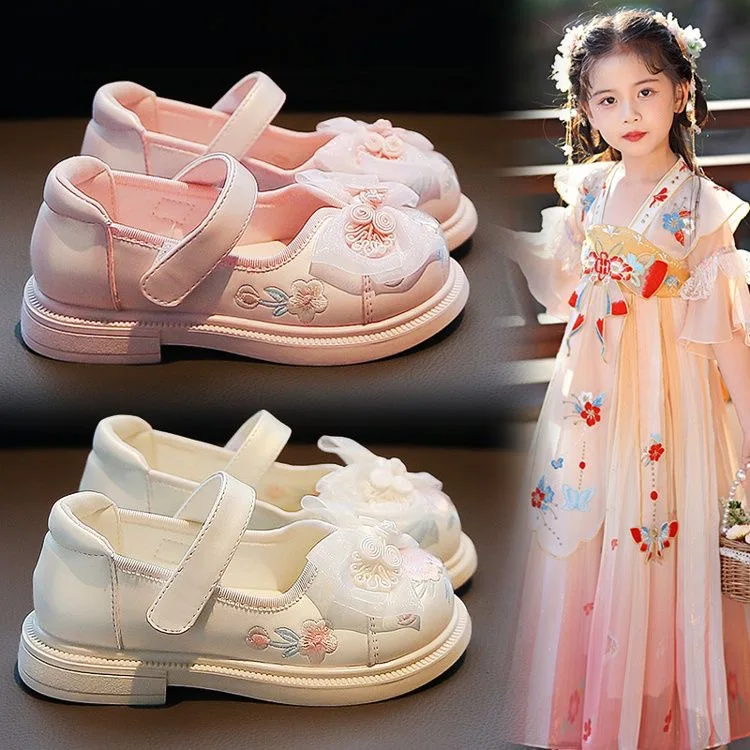 

2025 Girls Chinese Style Hanfu Shoes, Embroidery Bow Princess Flats, Traditional Casual Dress Shoes for Kids