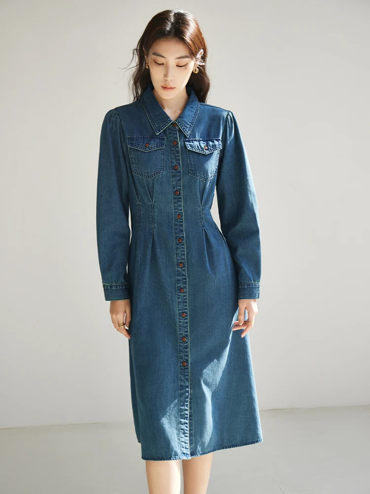 DUSHU Retro Hong Kong Style Denim Dress Simple Casual Daily Commuting Long Dress New For Spring 2024 Blue Women Dress