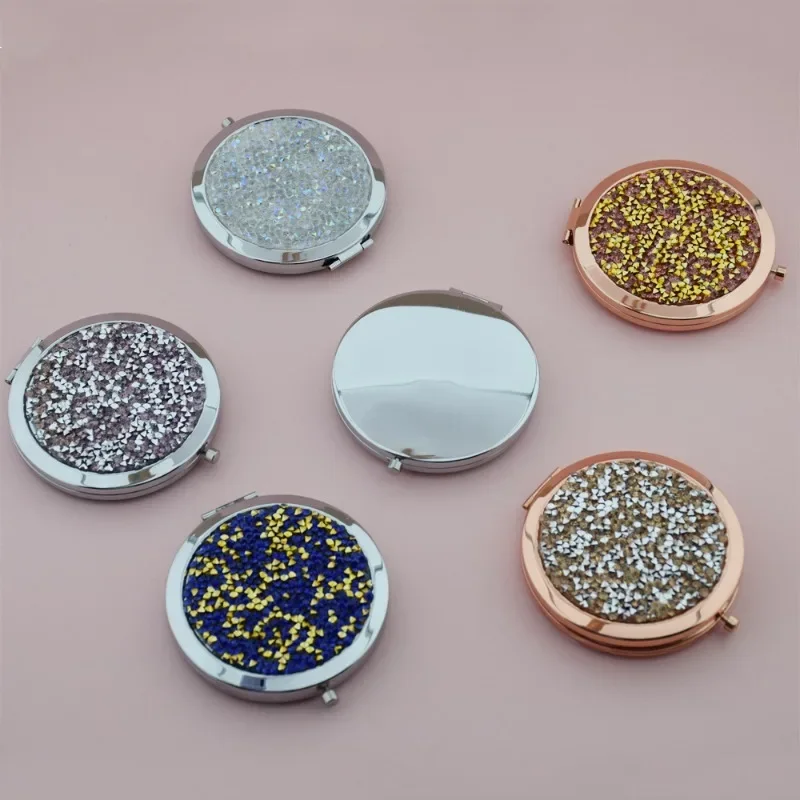 7cm Mini Blingbling Makeup Pocket Mirror Diamond Portable Makeup Mirror Silver Rosegold Rhinestone Round Mirror for Travel Women